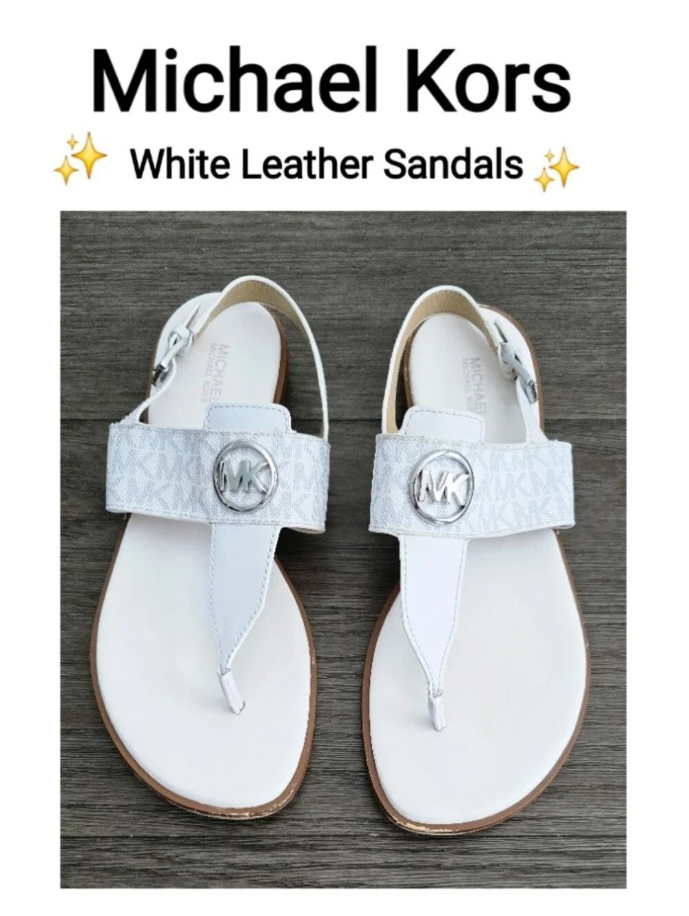 Michael Kors White Leather Thong Sandals with Silver MK Emblem, Size 10